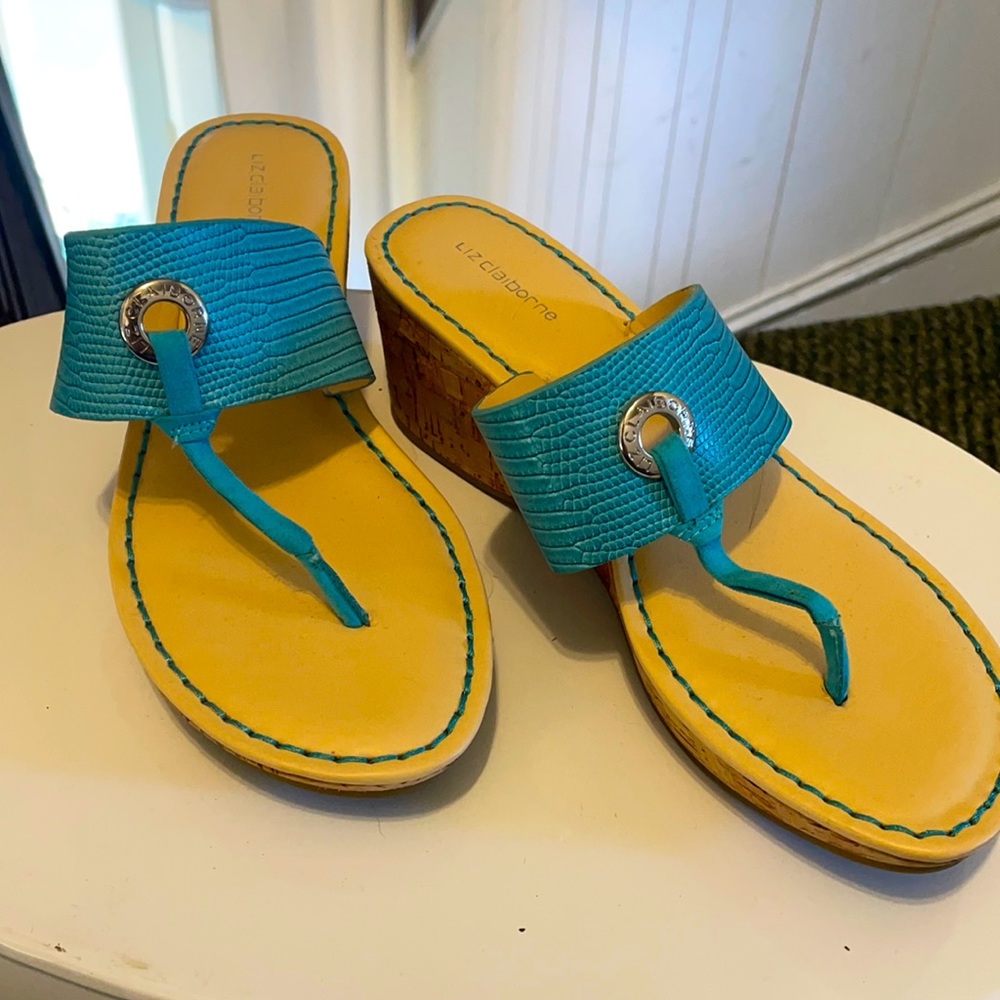 Liz Claiborne size 7 cork wrapped wedge heel sandal in teal